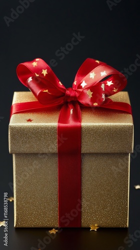 Golden gift box with red bow on a dark surface for special occasions