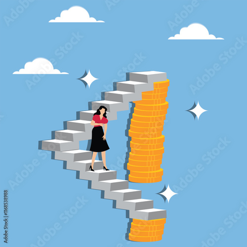 Pay cuts, income, decrease in wages or profits, recession or stock market decline, merchants going down the stairs from the high gold pile to the low gold pile
