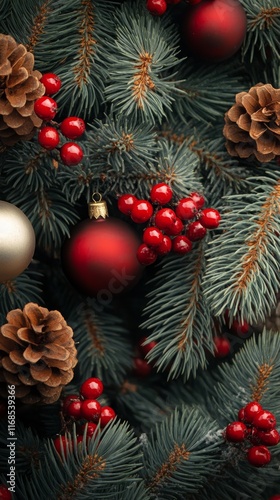 Beautifully decorated Christmas tree with ornaments and pine cones showcasing...