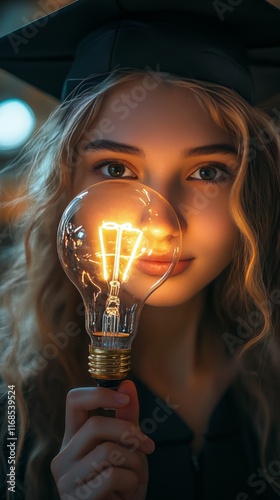 Graduation celebration with a girl holding a light bulb symbolizing bright fu...
