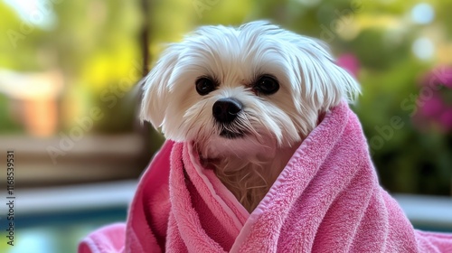 Cute small white dog wrapped in a pink towel relaxing indoors during the day
