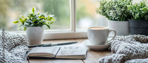 Cozy window scene with coffee, notebook, and plants. photo