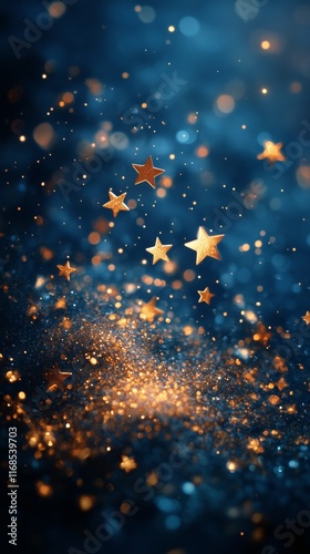 Golden stars shimmering amidst a blue background filled with sparkling light