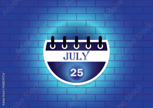 A digitally rendered image of a calendar page showing July 25th. The page is depicted against a blue brick wall backdrop, creating a visually appealing and modern aesthetic.