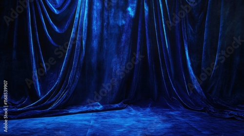 Luxurious deep blue velvet curtain backdrop with soft folds and texture
