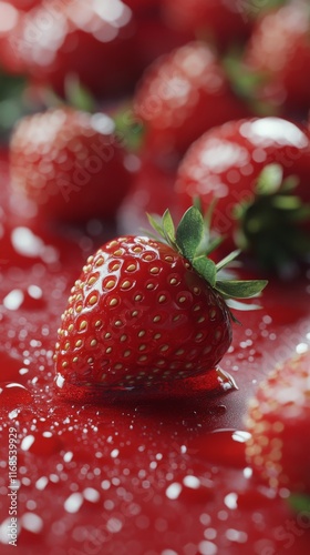Freshly picked strawberries glistening with dew on a vibrant red surface