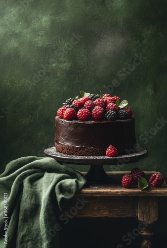 Decadent chocolate cake adorned with fresh raspberries on a dark green backgr...