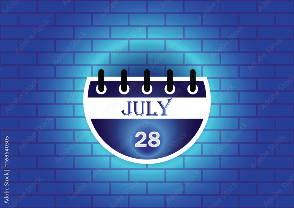 Obraz premium A digital illustration of a calendar page showing July 28th. The calendar is depicted against a blue brick wall background, illuminated by a soft glow, creating a visually appealing design.