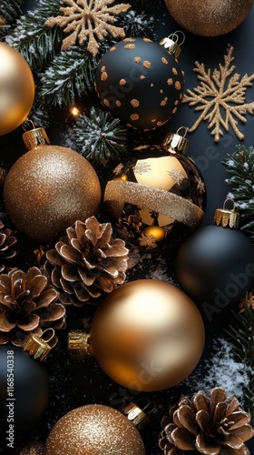 Decorative Christmas ornaments arranged among pinecones on a green background