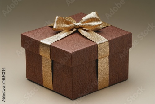 Elegant gift box with golden ribbon and bow on a neutral background