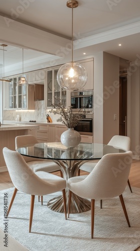 Modern dining area featuring elegant furniture and stylish lighting in an urb...