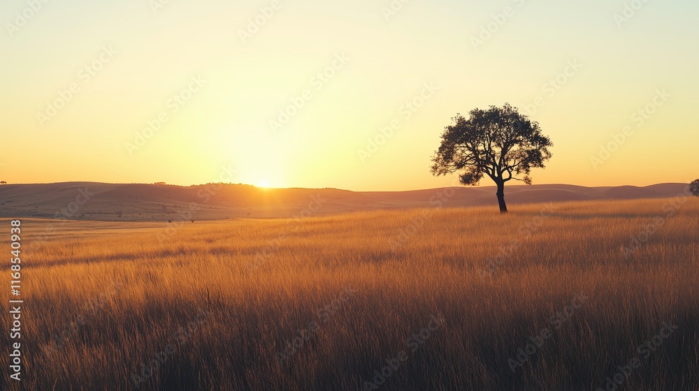 Fototapeta premium Grassland savanna with lone acacia tree silhouetted against sunset illustration