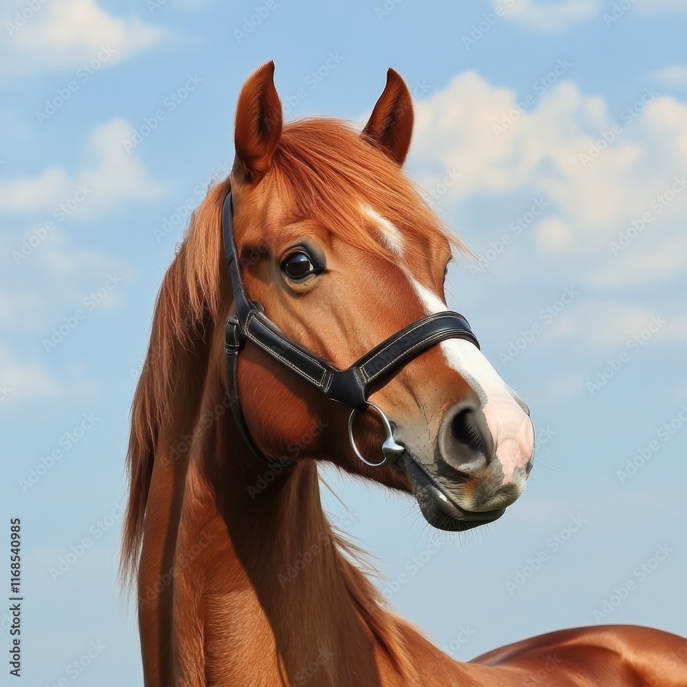 Obraz premium Beautiful chestnut horse standing against a clear blue sky with clouds