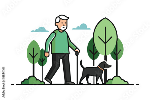 An elderly man walks with dog in the park black silhouette color white background H.eps