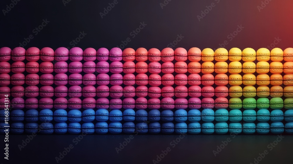 A vibrant array of colorful macarons arranged in a gradient pattern, showcasing a delightful mix of hues from pink to blue. A vibrant array of colorful macarons arranged in a gradient pattern, showcasing a delightful mix of hues from pink to blue.