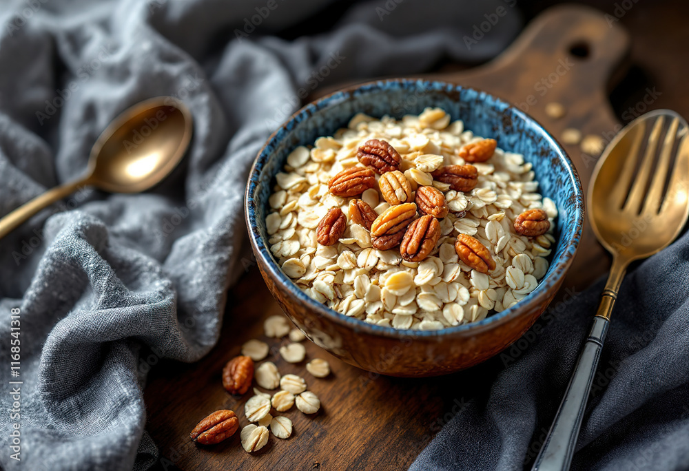 A bowl of oatmeal with nuts, served on a wooden surface A bowl of oatmeal with nuts, served on a wooden surface