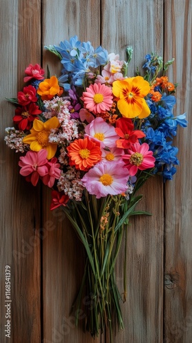 Brightly colored bouquet of wildflowers arranged against a wooden background