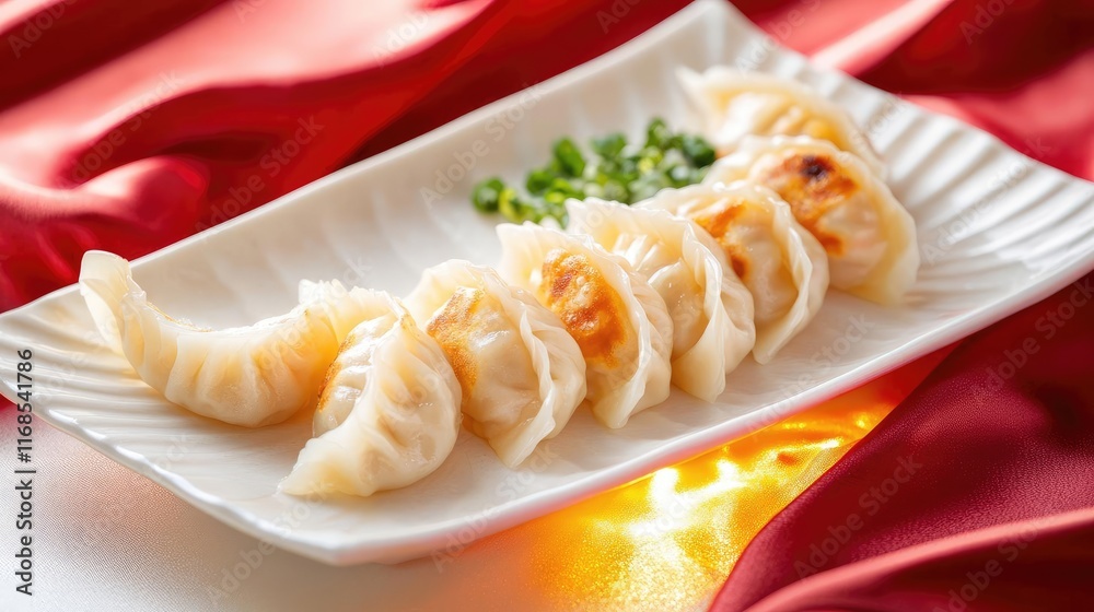 Chinese new year dessert Steaming sweet dumplings plated in the shape of a dragon tail, glowing golden light and red silk background Chinese new year dessert Steaming sweet dumplings plated in the shape of a dragon tail, glowing golden light and red silk background