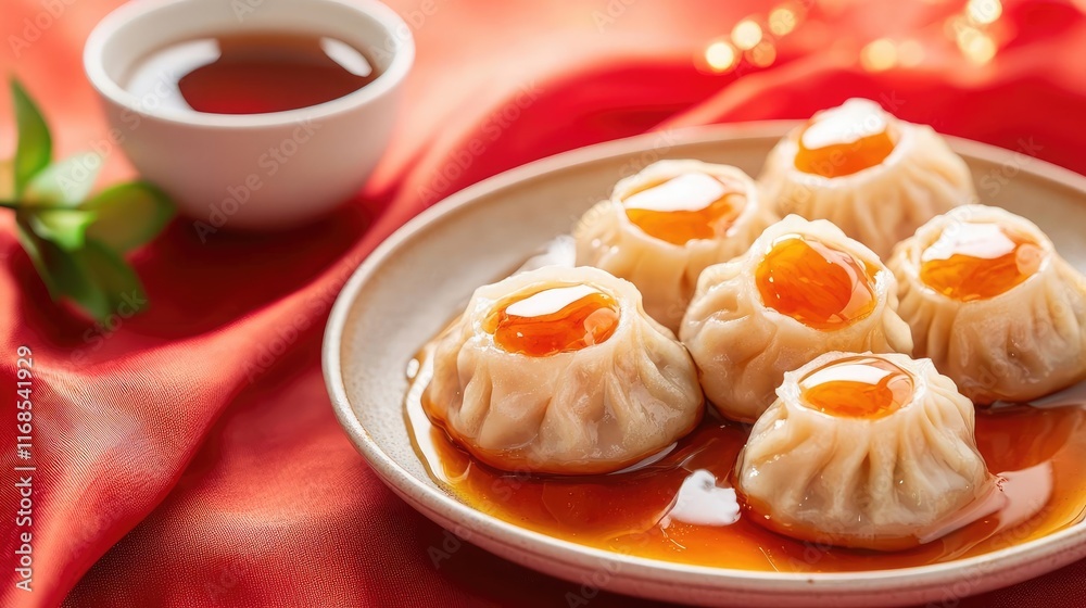 Chinese new year dessert Sweet dumplings in vibrant golden syrup, glowing red silk background, symbolizing harmony and sweetness for Chinese New Year Chinese new year dessert Sweet dumplings in vibrant golden syrup, glowing red silk background, symbolizing harmony and sweetness for Chinese New Year