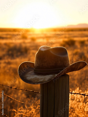 Cowboy hat on fence post at sunset. (1)