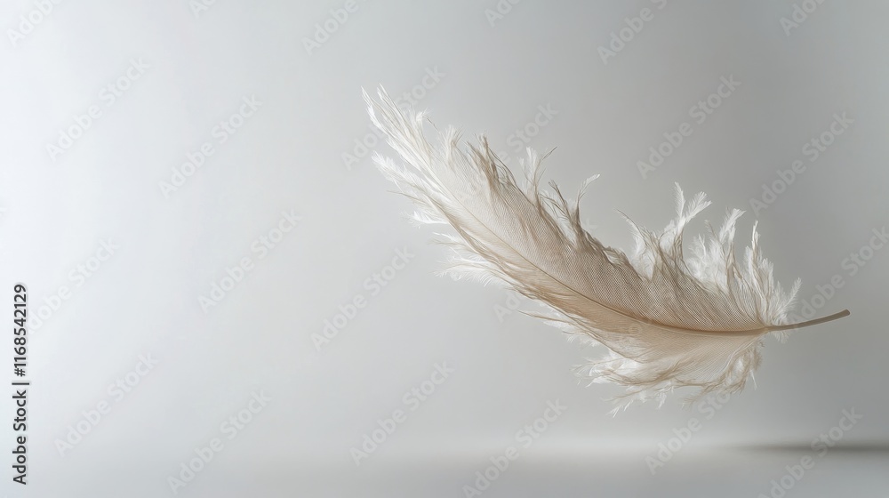 Fototapeta premium Delicate feather hovering softly against a minimalist background