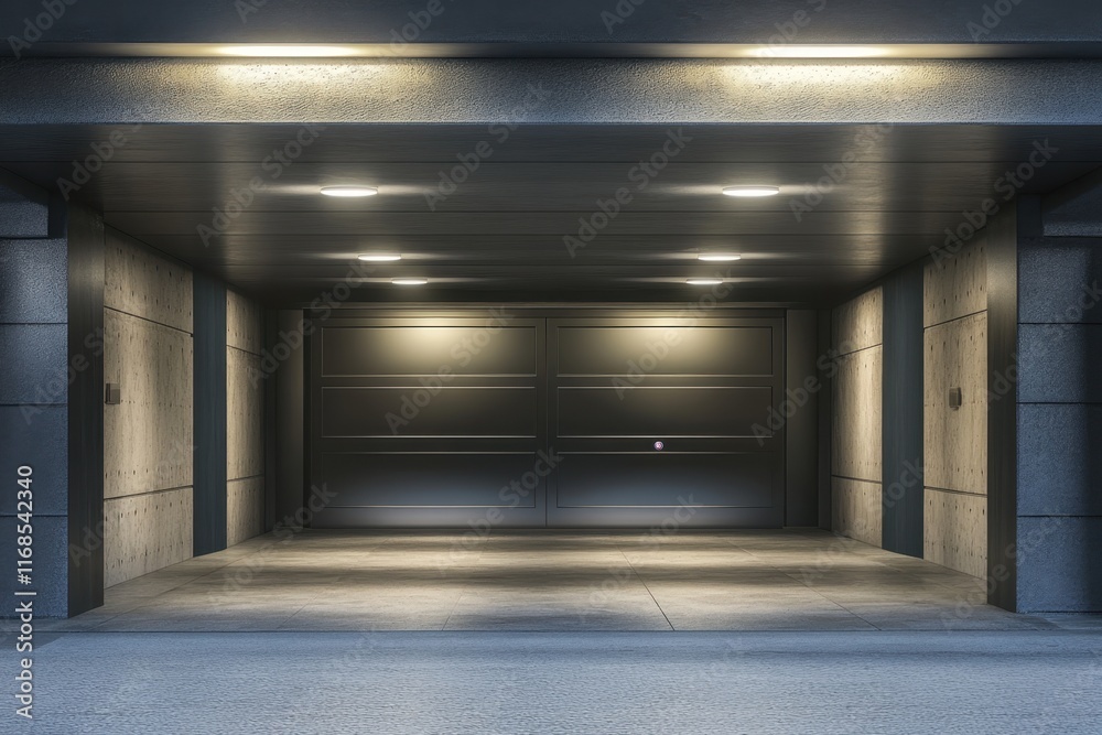 Modern garage interior with illuminated walls and sleek design features in a contemporary structure Modern garage interior with illuminated walls and sleek design features in a contemporary structure