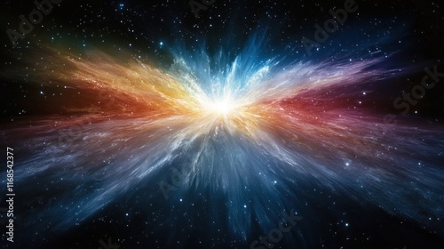A vibrant cosmic explosion with multicolored nebulae radiating outwards in space.