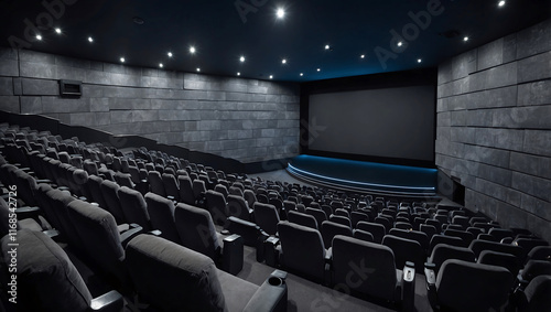 Empty Theater Hall with a Blank Screen and Ambient Lighting photo