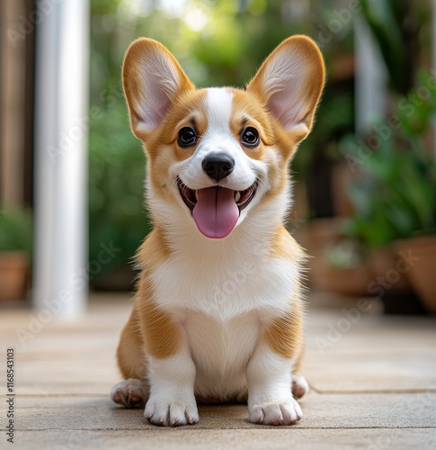 Cuddly corgi puppy sitting on a porch in sunny weather with a joyful expression