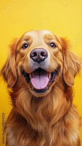 Golden retriever smiling in front of bright yellow background during sunny day