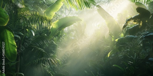 A dense jungle with sunlight filtering through the canopy, creating dappled light and shadows on tropical plants like banana trees and palm leaves. The air is filled with misty fog. photo