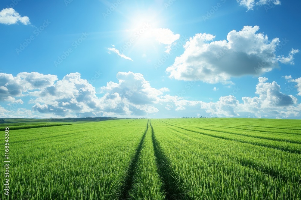 Fototapeta premium Sunny day over vast green field with tire tracks.
