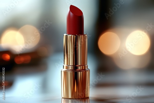 Bold red lipstick with shimmering finish captured against a blurred backgroun...