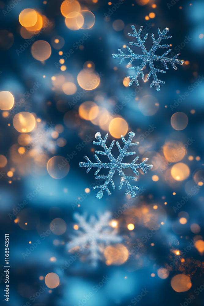 Fototapeta premium Ethereal Winter Nights: Mesmerizing Snowflake Blue Bokeh