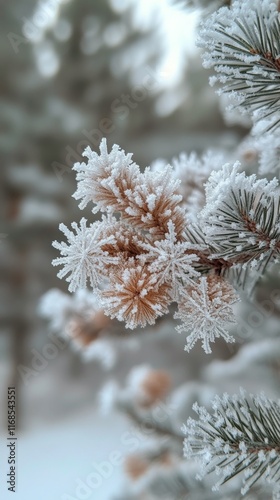 Frost-covered pine branches glisten in winter light near a serene forest