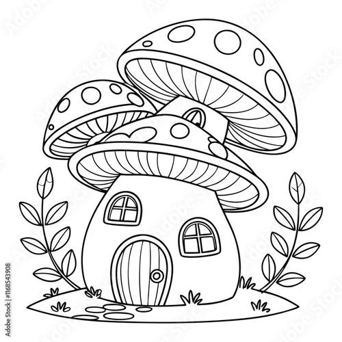 Cute hand drawn Mushroom house Vector illustration.  coloring pages for kids and adults. 
