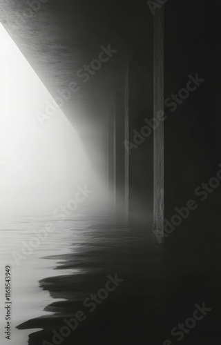 Mysterious foggy pathway lined with bare trees in winter