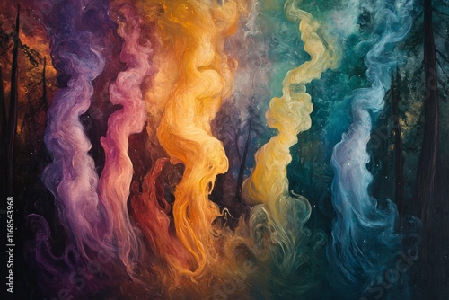 Colorful swirls of smoke rising from a forest at twilight with vibrant hues a...