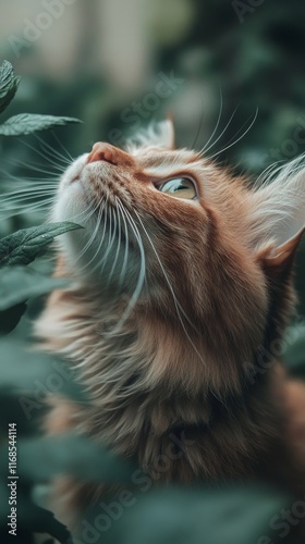 Majestic ginger cat exploring lush green foliage in a serene setting