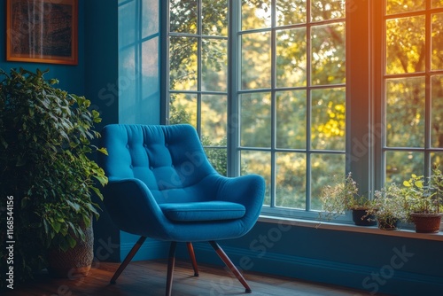 Cozy chair by the window with sunlight streaming through green foliage in a s...