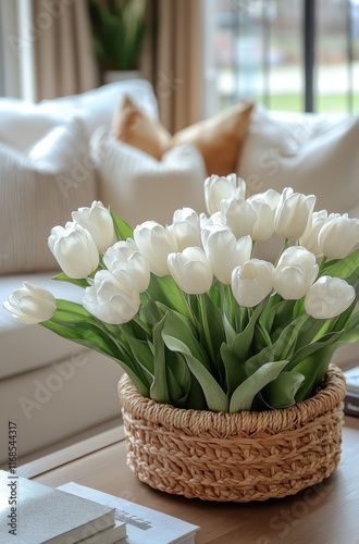 Elegant white tulips arranged in a glass vase on a decorative tray in a cozy ...