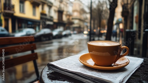 Warm cup of coffee resting on a rainy window ledge beside a newspaper in a co...