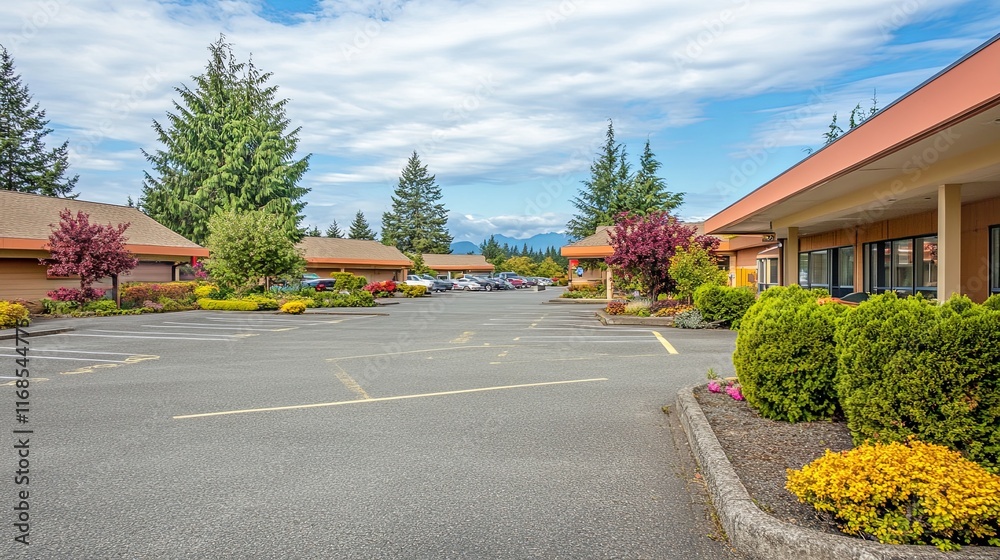 Elegant Senior Care Facility with Spacious Parking and Lush Garden, Welcoming Entrance for Retirement Living, Stock Photography Style