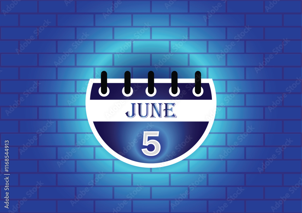Obraz premium A graphic design of a calendar page showing June 5th. The page is circular and blue, set against a textured blue brick wall. The overall aesthetic is modern and minimalist.
