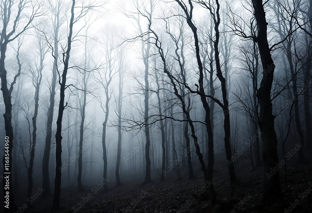 A dense, misty forest with tall, bare trees shrouded in fog A dense, misty forest with tall, bare trees shrouded in fog