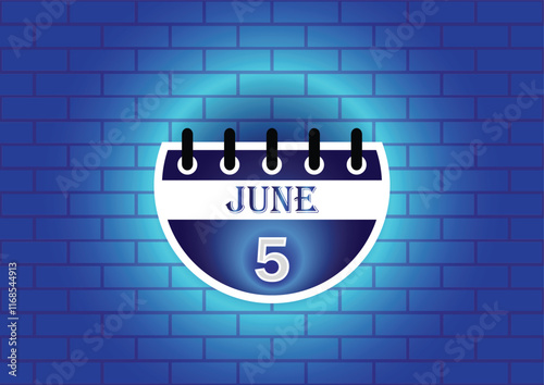 A graphic design of a calendar page showing June 5th.  The page is circular and blue, set against a textured blue brick wall. The overall aesthetic is modern and minimalist.