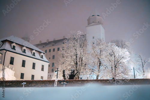 Canvas Print The snowy castle of Bratislava, Slovakia during night in heavy snowing