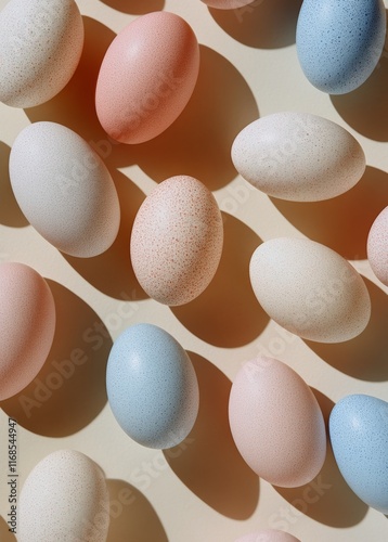 Colorful decorative eggs arranged on a light background for seasonal celebration