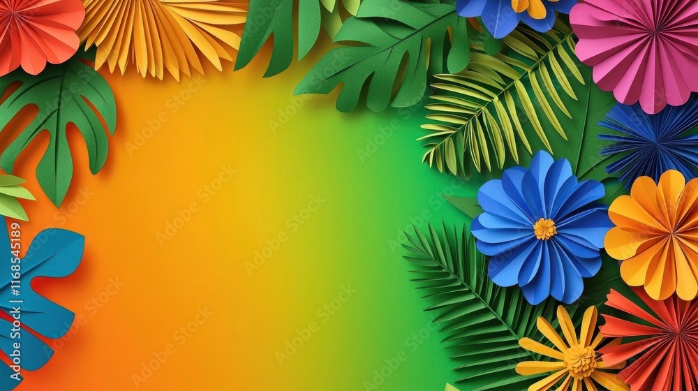 Fototapeta premium Vibrant paper flowers and leaves frame a colorful gradient background.