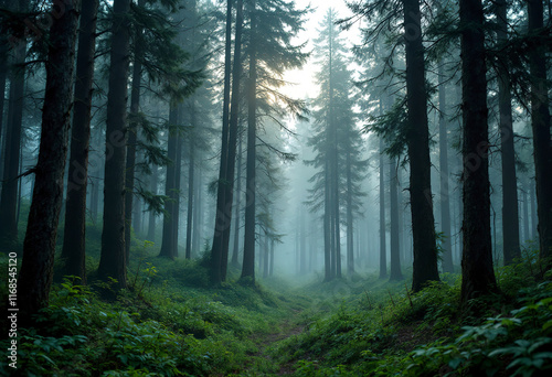 A dense, misty forest with tall, dark trees and lush green undergrowth